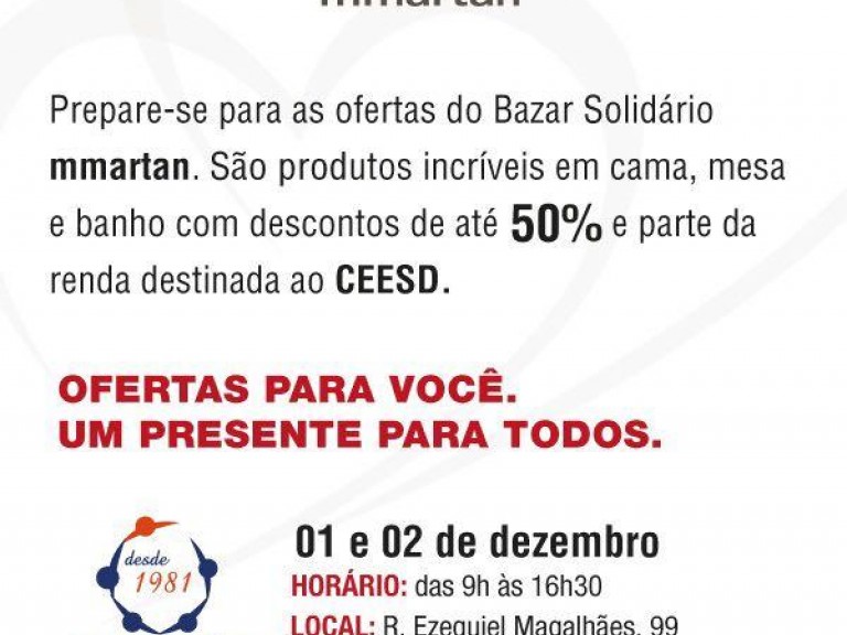 Bazar solidário MMartan!CESD - Centro Síndrome de Down